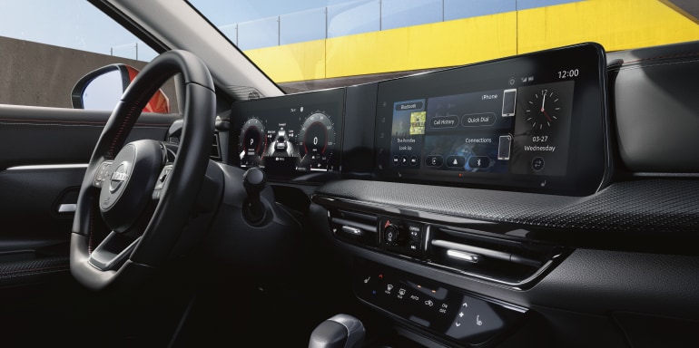 2026 Nissan Kicks interior detail showing dual 12.3 inch touch-screens