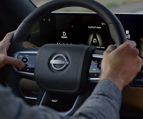 Close up on the Nissan Armada steering wheel, showing off the Propilot controls