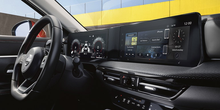 2027 Nissan Kicks interior detail showing dual 12.3 inch touch-screens
