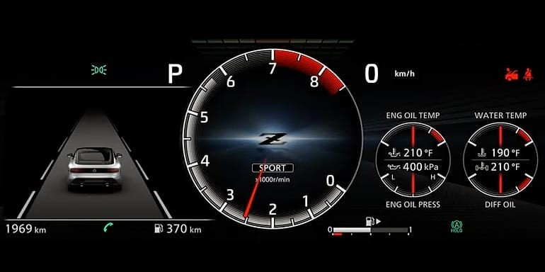 2027 Nissan Z blue interior showing dashboard and gauges.